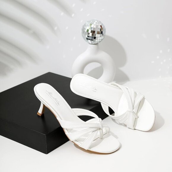 Women Strappy Kitten White Heels Open Toe Mules Thong Sandal for Party Wedding - Picture 6 of 9